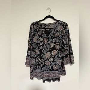 Lucky Brand Black Gray Floral Botanical Boho Peasant Top Size 2X